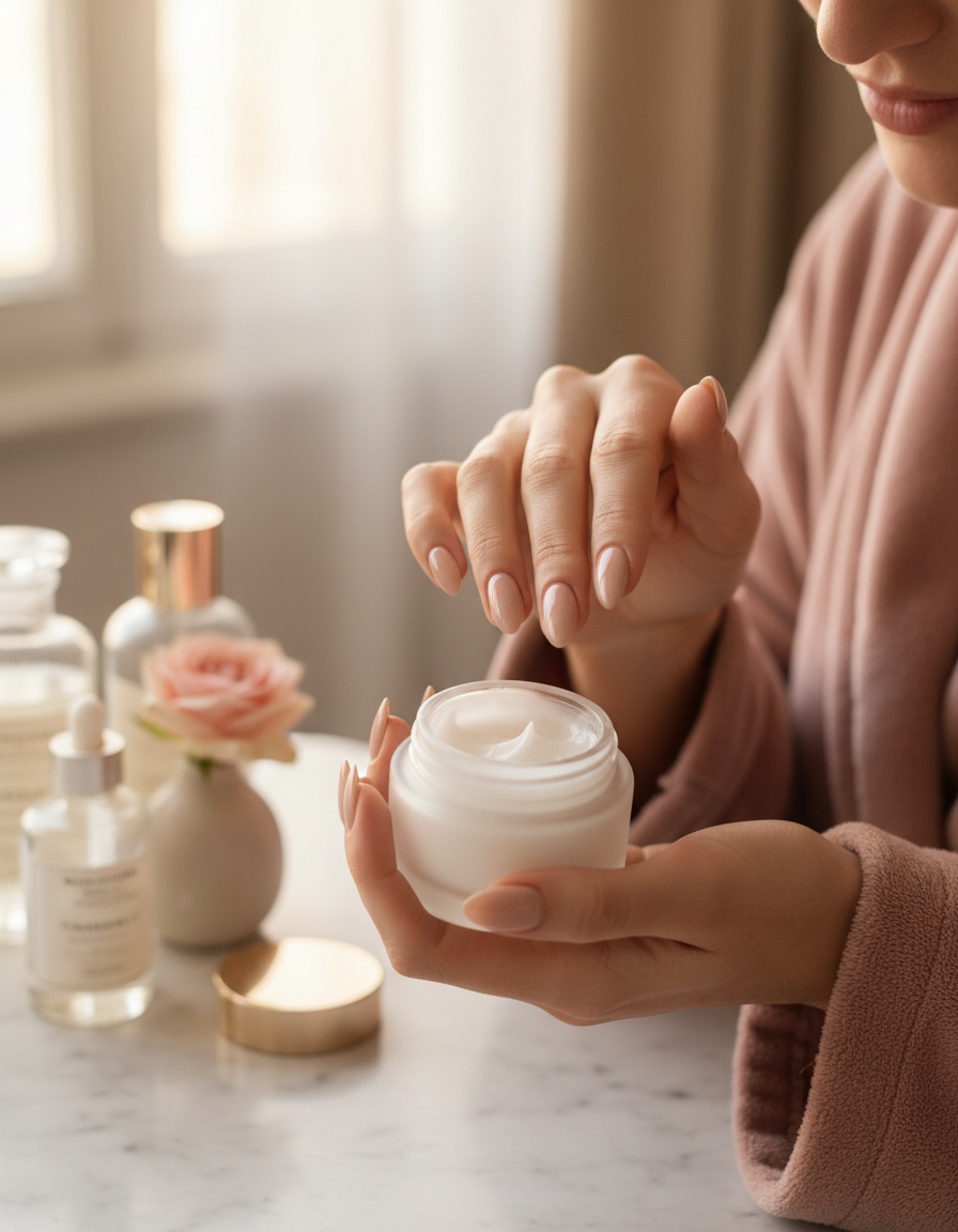 Hands with a nude manicure applying face cream at a vanity