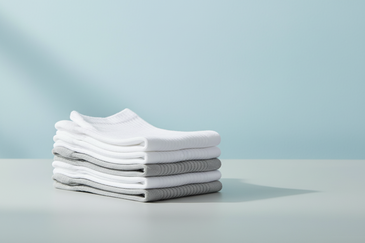 Stack of folded white and gray cotton crew socks on a pale grey table