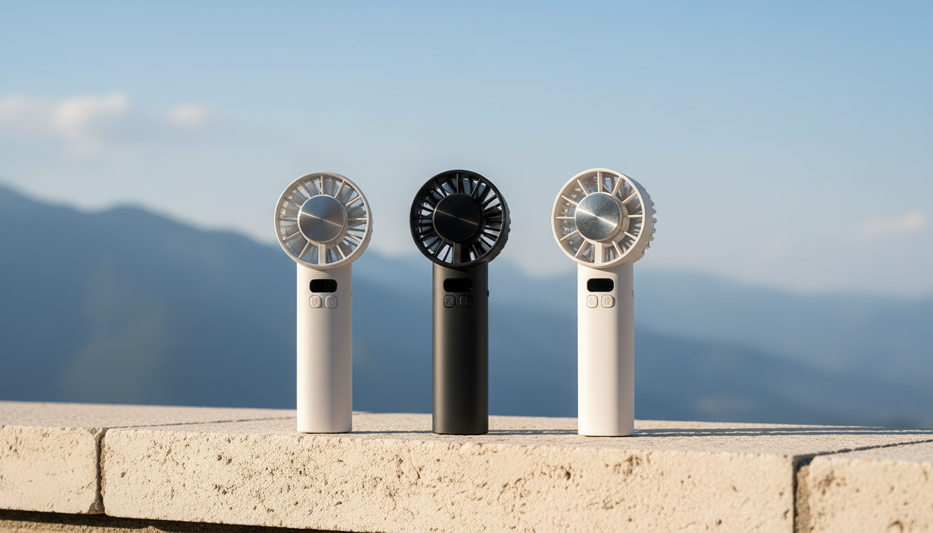 Three AERØ ONE refrigeration fans with aluminium cooling plates — a black unit between two white units — on a sunlit stone ledge with mountains behind