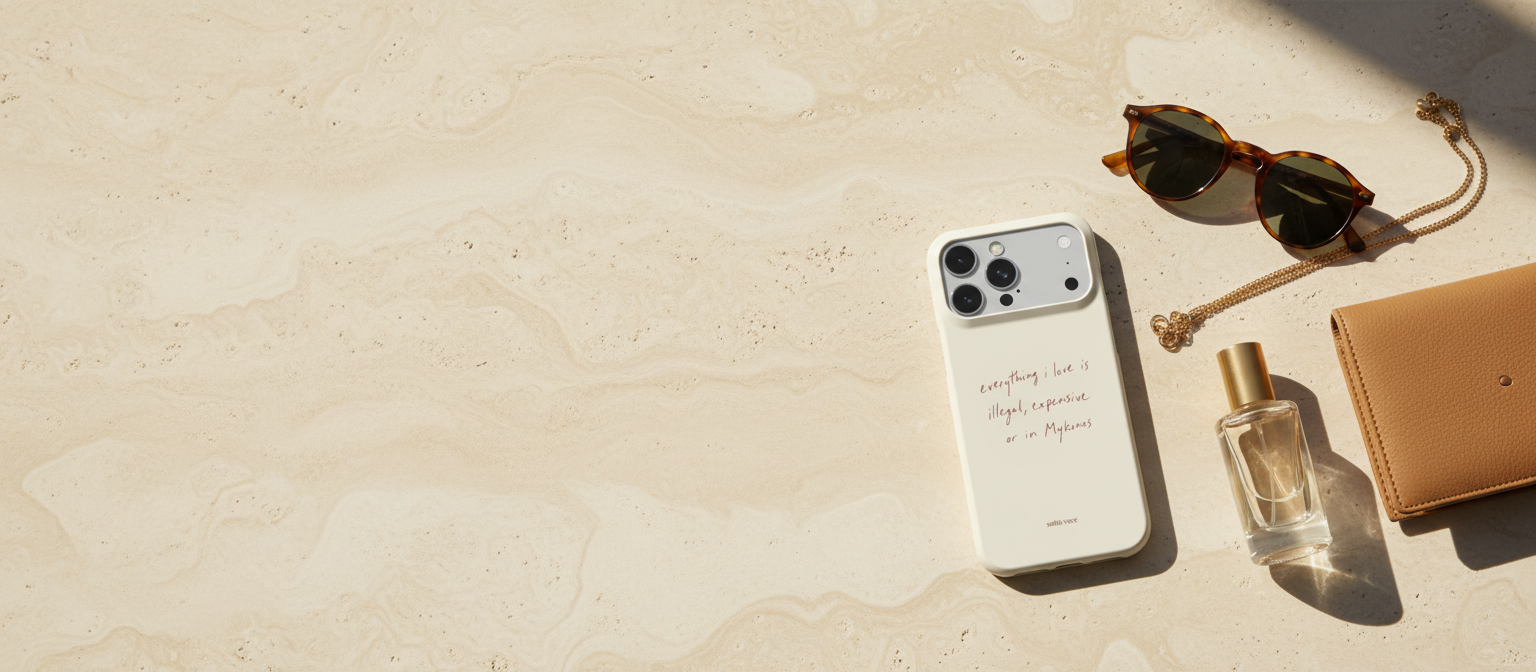 The cream hand-lettered Mykonos case on travertine beside tortoiseshell sunglasses, a gold chain, perfume and a tan leather wallet
