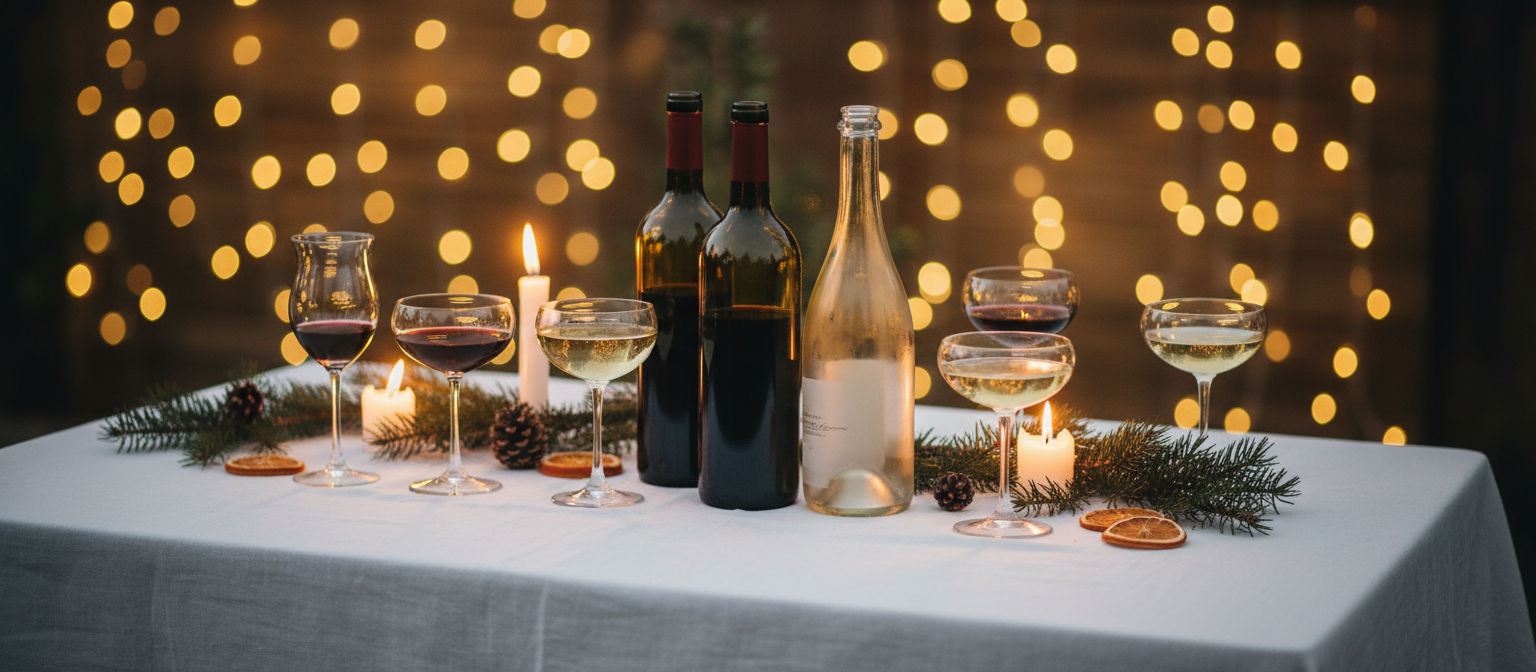 A festive table at dusk with open bottles of red, white and sparkling wine, filled glasses, pine sprigs and candlelight