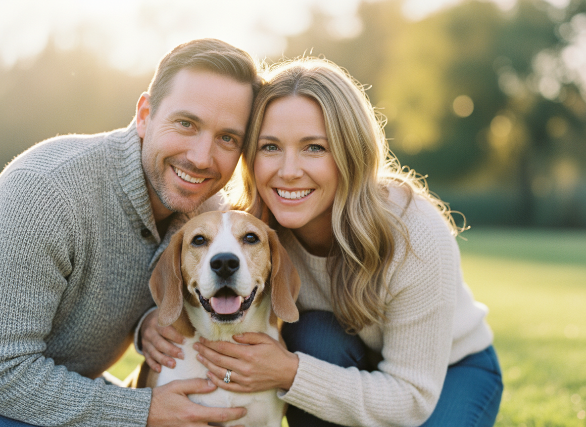 Coppia sorridente sui quarant'anni che abbraccia il proprio beagle su un prato, nella luce del pomeriggio