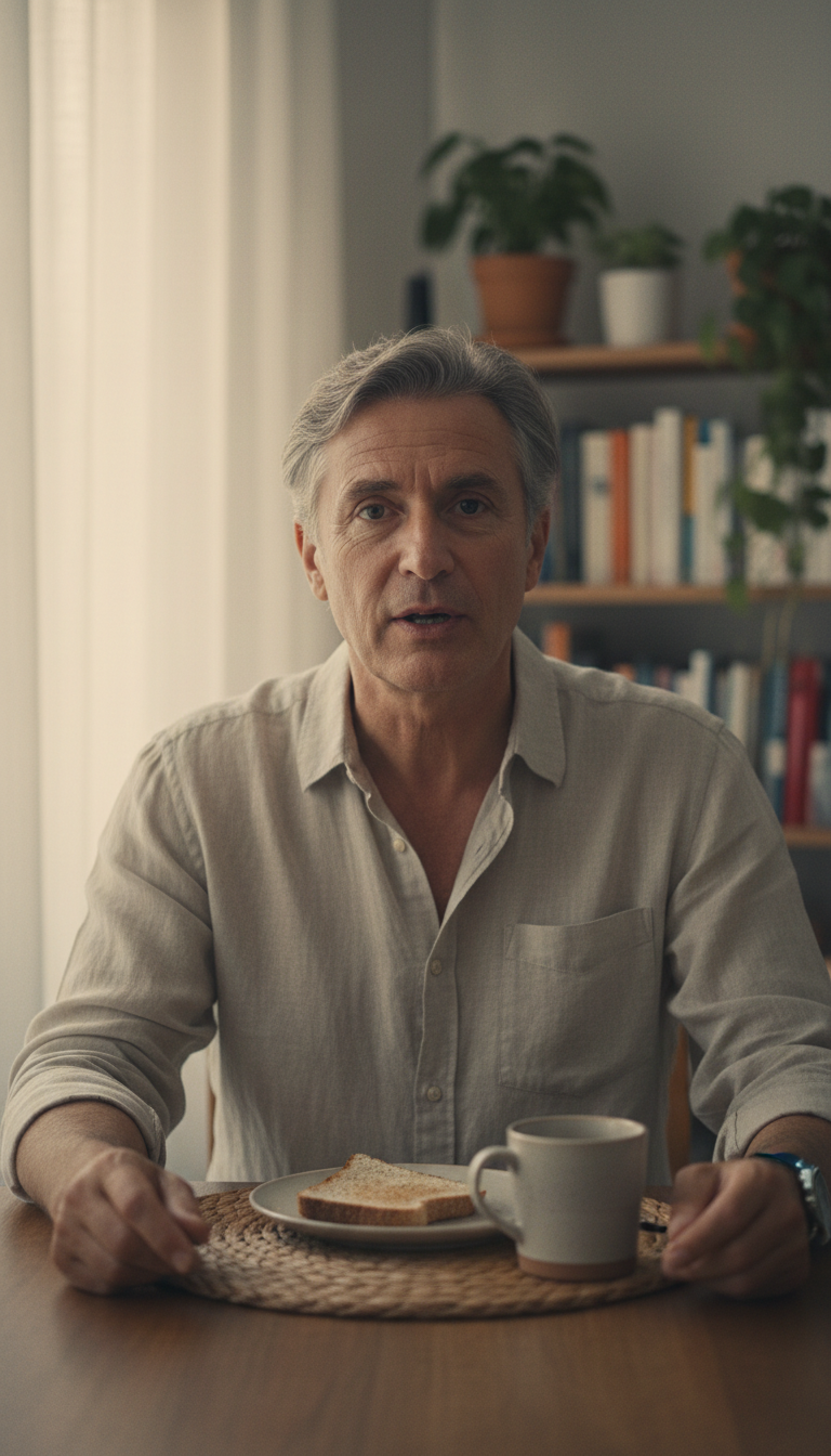 Customer seated at a dining table speaking to the camera