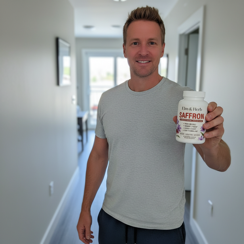 Customer holding his bottle of Elm & Herb Saffron at home