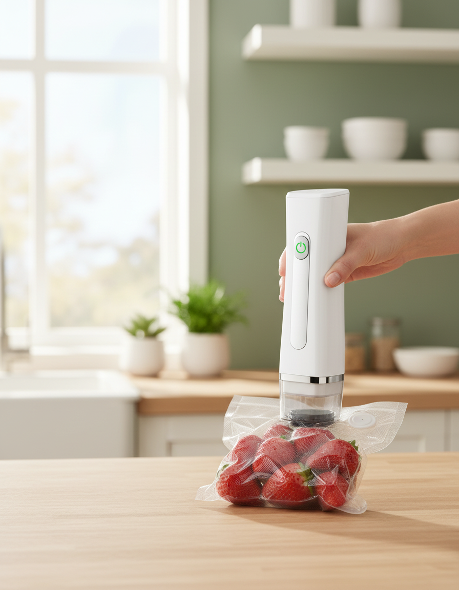 Hand pressing the handheld sealer onto a reusable bag of strawberries