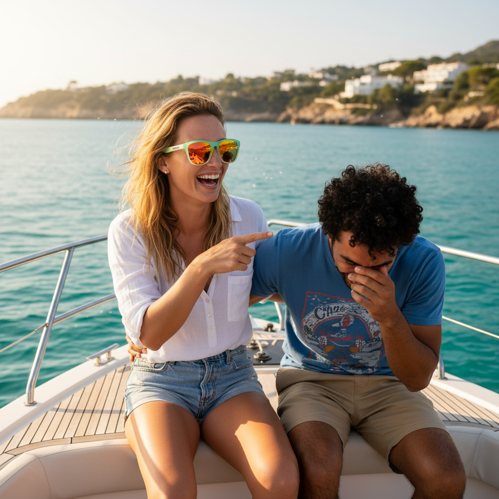 Two friends laughing on the deck of a motorboat, one wearing H2OAthletics floating sunglasses
