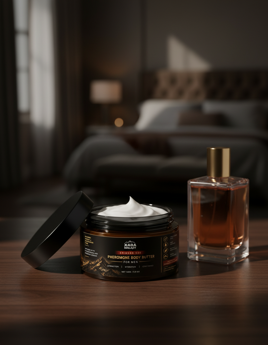 Open jar of XARA pheromone body butter on a dark vanity beside a perfume bottle in warm candlelight
