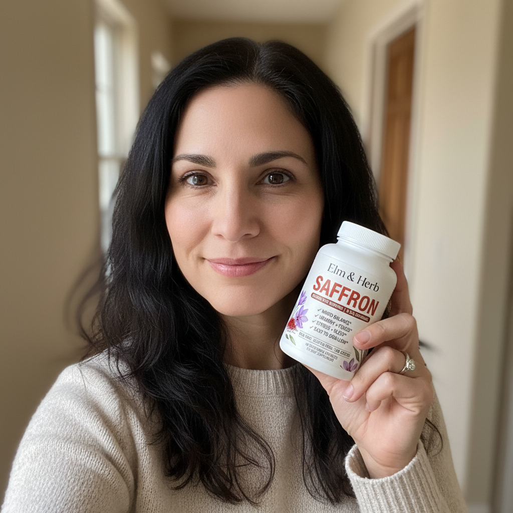 Customer holding her bottle of Elm & Herb Saffron at home