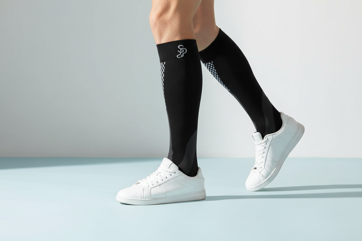 Legs in black knee-high compression socks and white sneakers on a pale blue floor