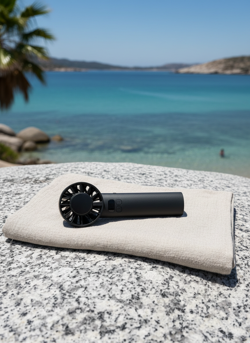Black AERØ ONE resting on a linen towel on a granite boulder by a turquoise cove