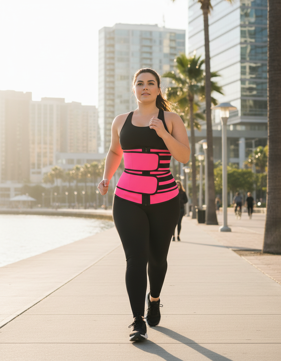 Woman power-walking along a waterfront wearing the neon pink waist trainer
