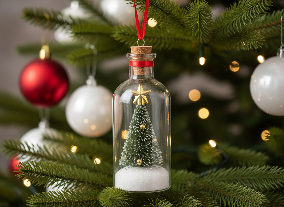Recordable glass tree ornament hanging by its red ribbon on a decorated Christmas tree