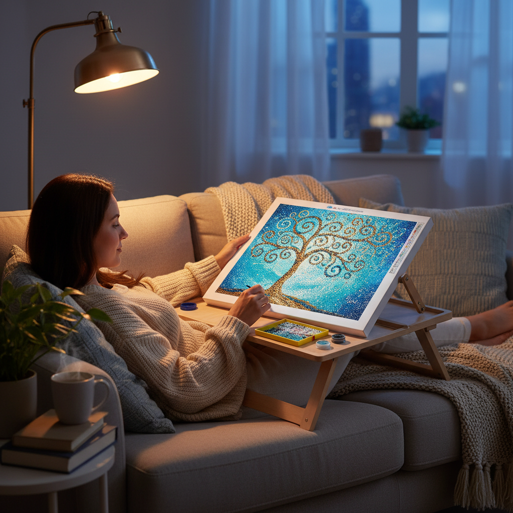 Femme réalisant un diamond painting sur son canapé