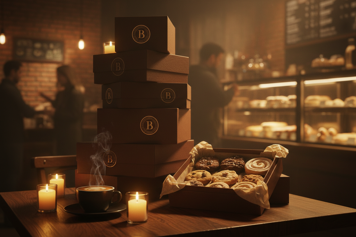 Stack of chocolate-brown gift boxes beside an open box of cookies