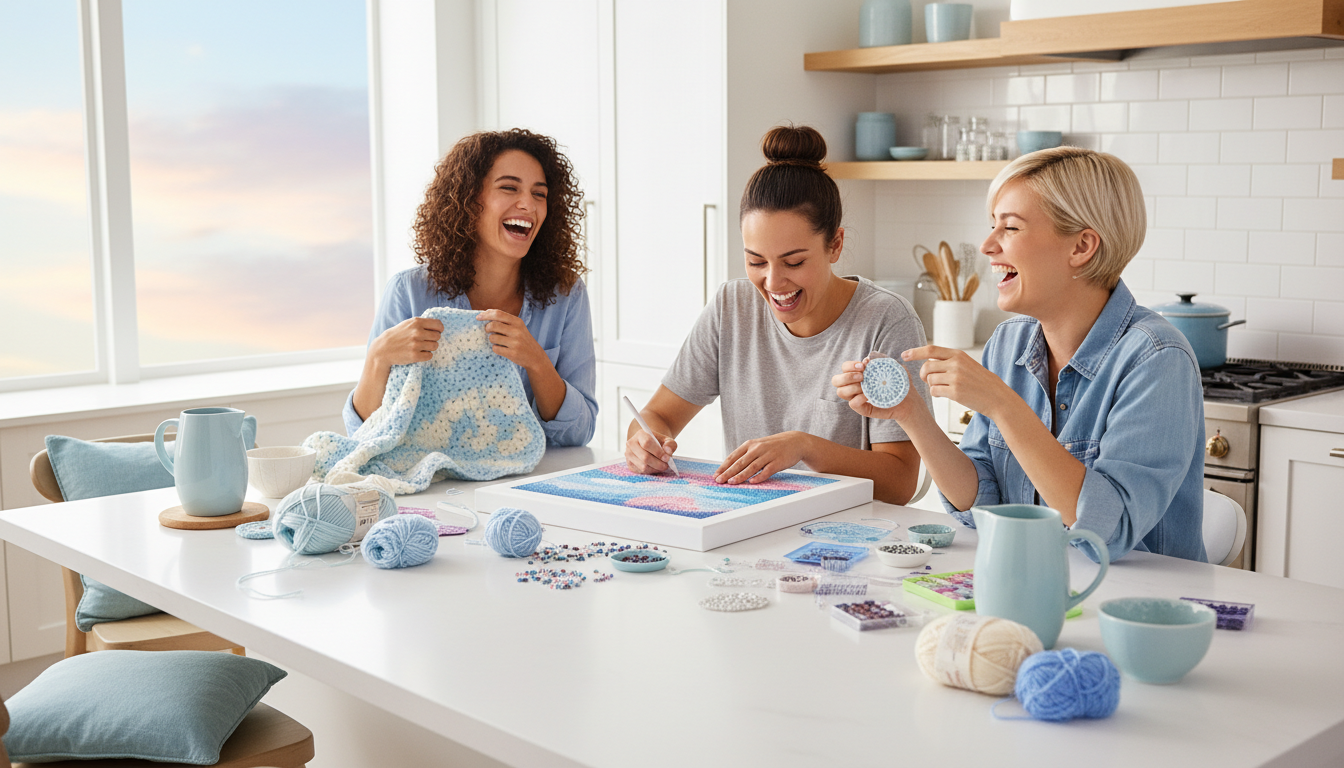 Amies qui rient autour d'une table en faisant du crochet et du diamond painting