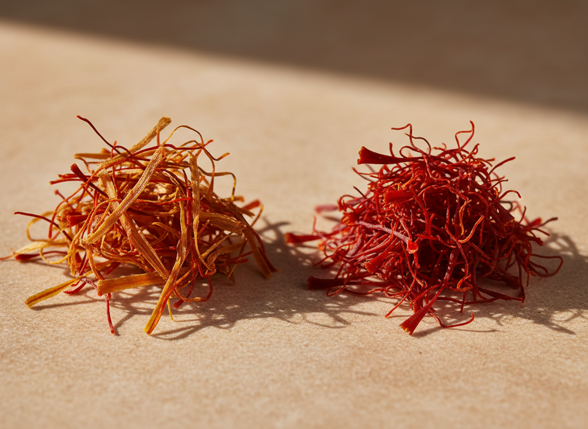 Macro comparison of dull faked saffron threads beside vivid crimson authentic saffron threads