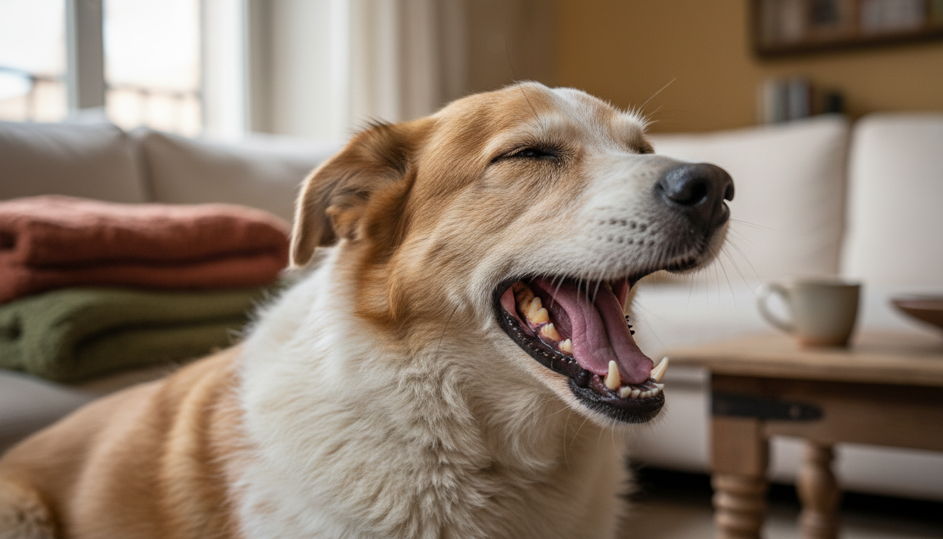 Primo piano di un cane che sbadiglia mostrando una linea di tartaro giallastro alla base dei denti