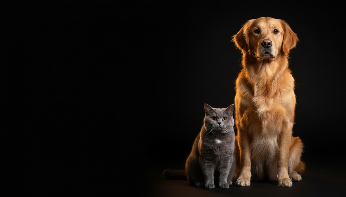 Golden retriever e gato de pelo cinzento saudáveis, num fundo escuro com luz dourada