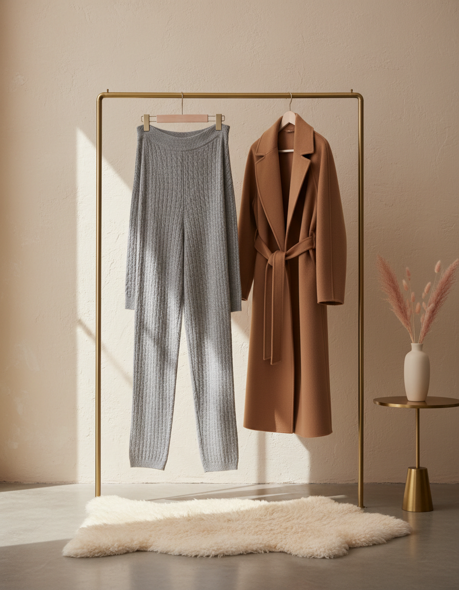 Knit loungewear and a camel wool coat on a brass rack