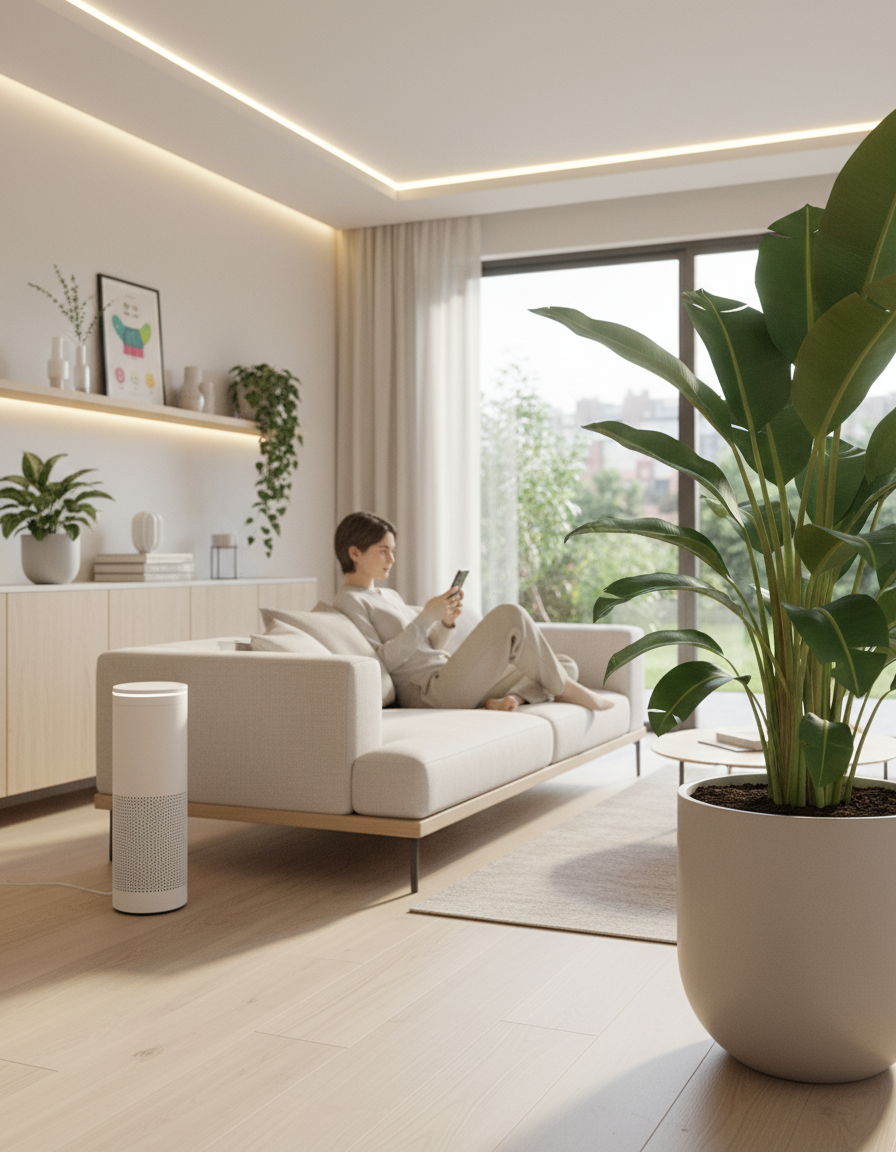 Person checking a plant app on their phone next to a potted plant with a smart sensor