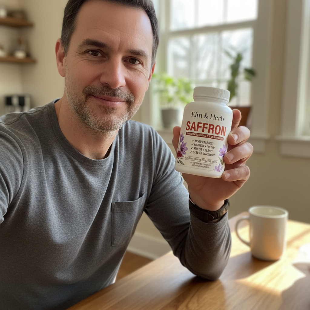Customer Marco holding his bottle of Elm & Herb Saffron in his kitchen