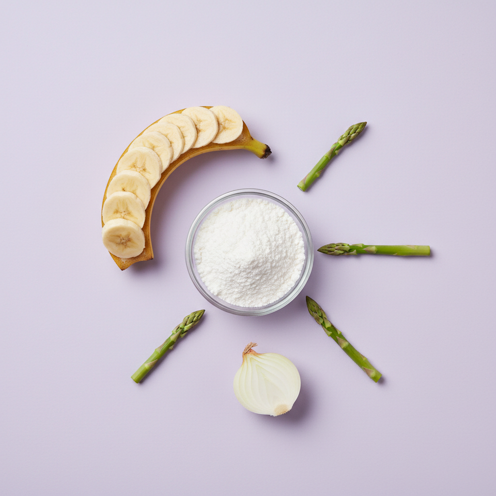 Polvere di fibre prebiotiche FOS con banana, cipolla e asparagi