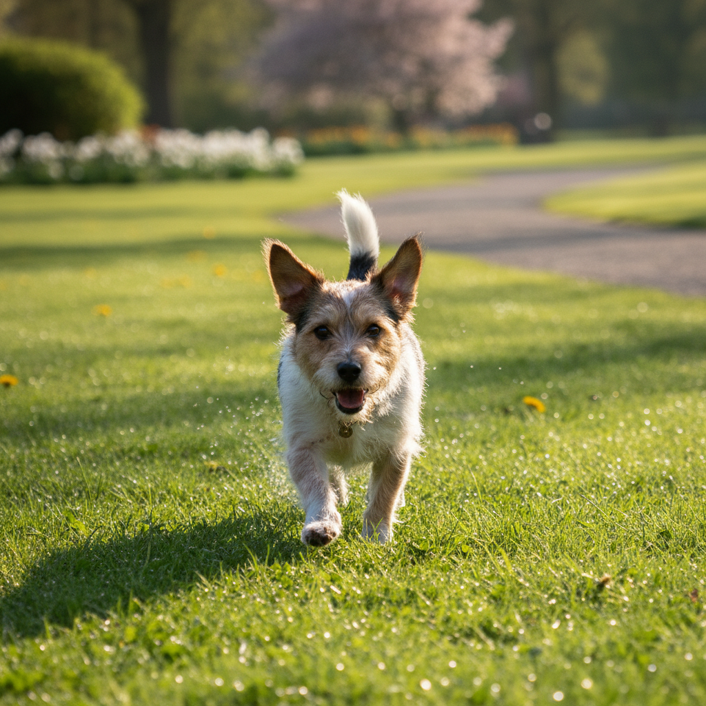 Cane di piccola taglia che corre felice su un prato