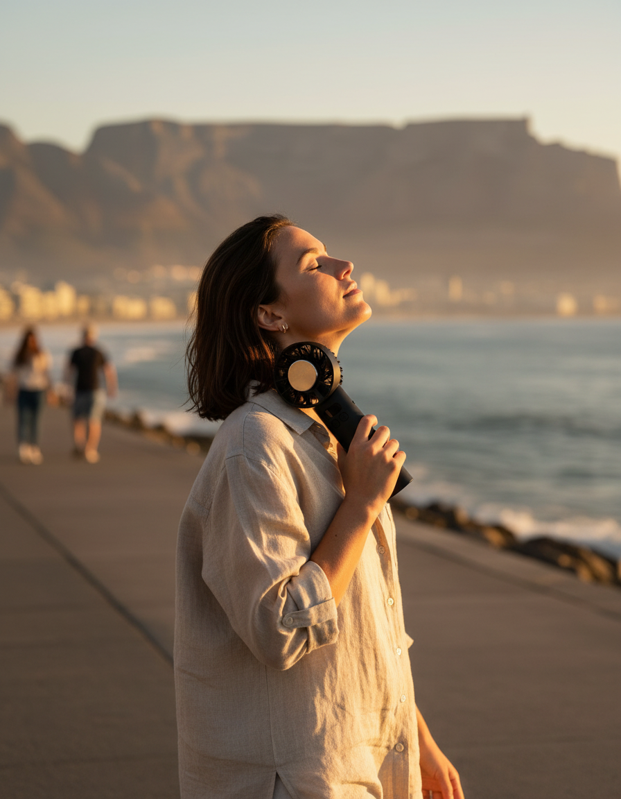 Woman in a linen shirt walking along the Sea Point promenade at golden hour, cooling her neck with a compact black AERØ ONE, Table Mountain behind