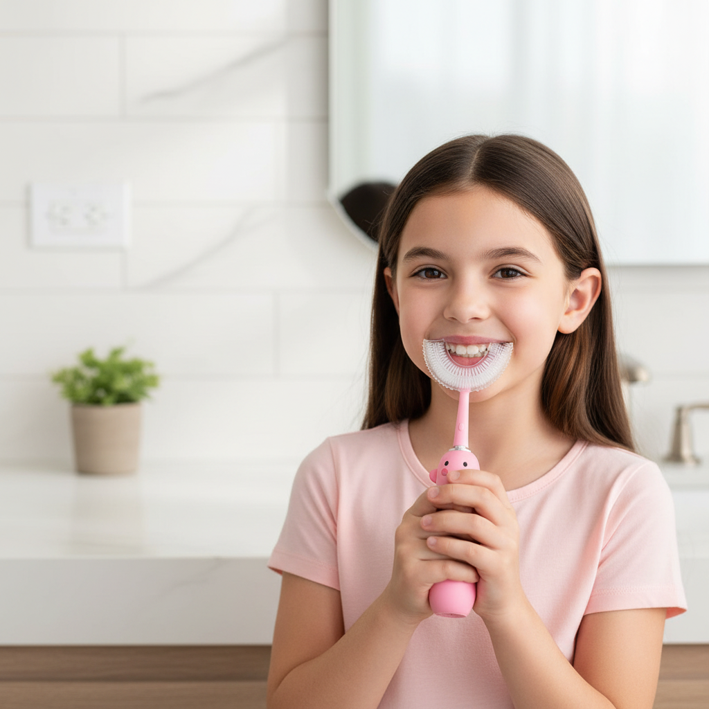 Girl smiling with the pink U-shaped toothbrush