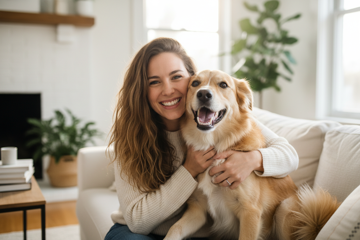 Una donna sorridente sul divano abbraccia il suo cane felice muso a muso