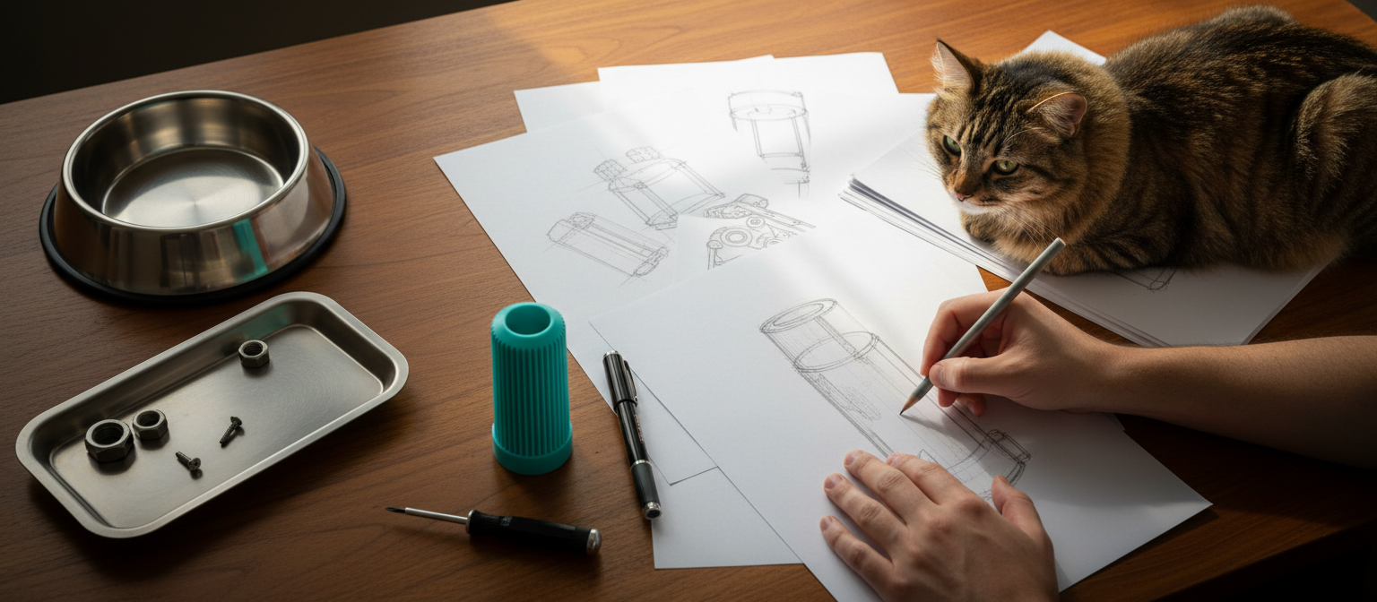 Designer sketching pet products at a wooden desk while a tabby cat lounges on the papers