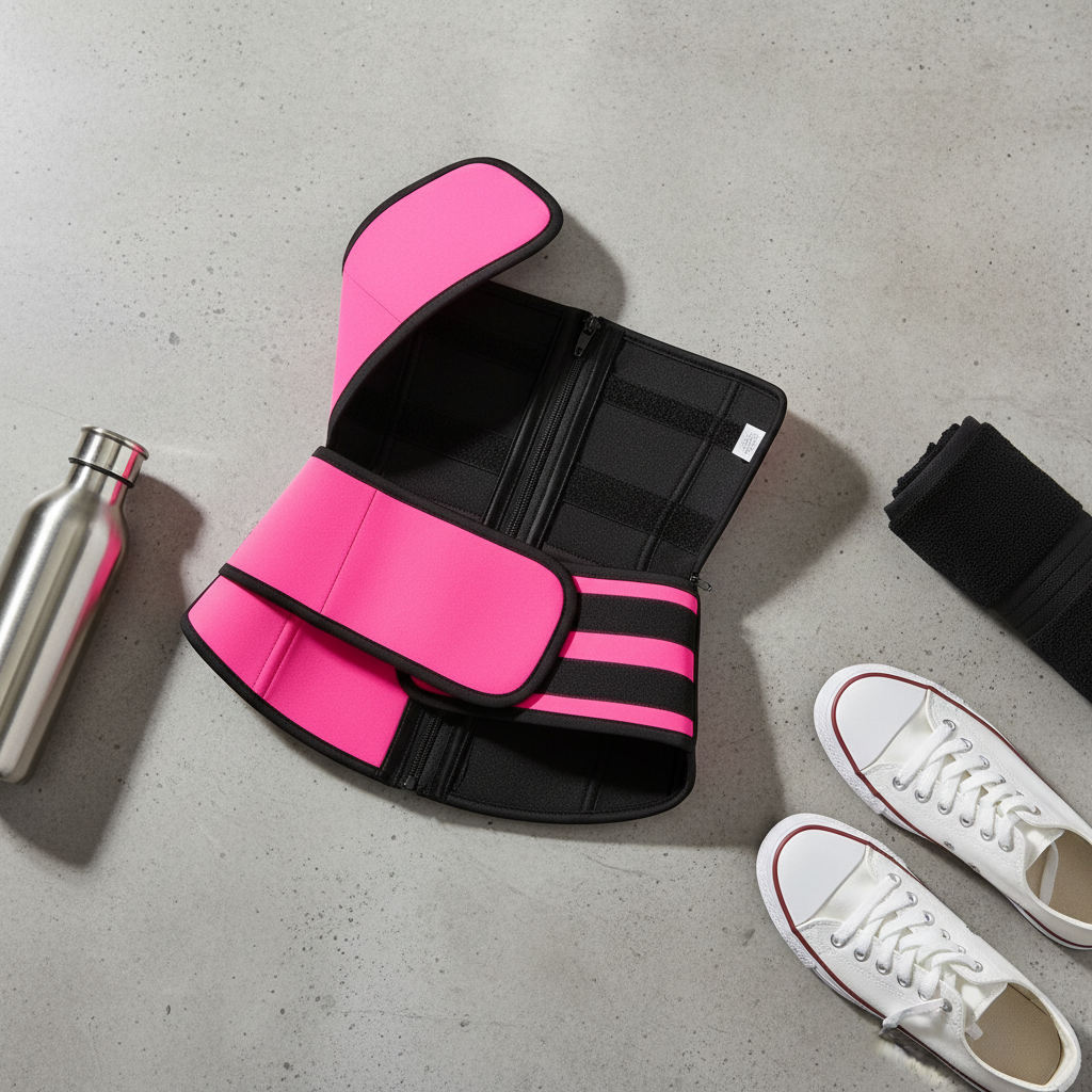 Flat lay of the neon pink waist trainer on concrete with sneakers, water bottle and gym towel
