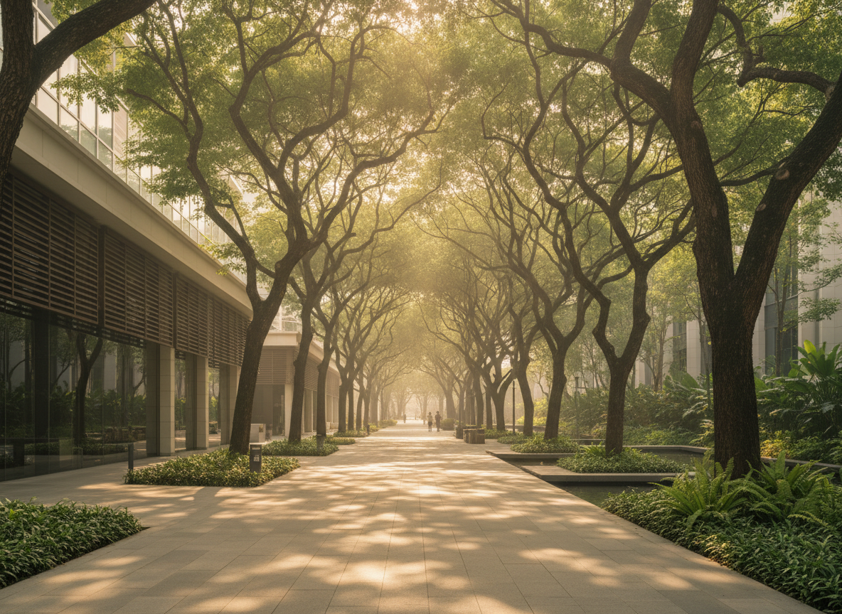 A tree-lined Singapore walkway in warm, hazy morning sunlight
