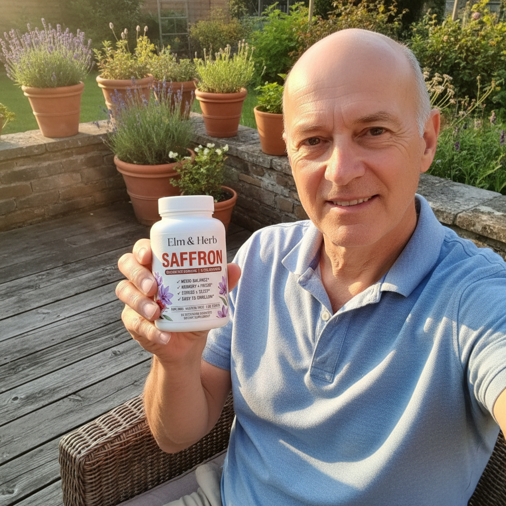 Customer holding his bottle of Elm & Herb Saffron on his garden patio