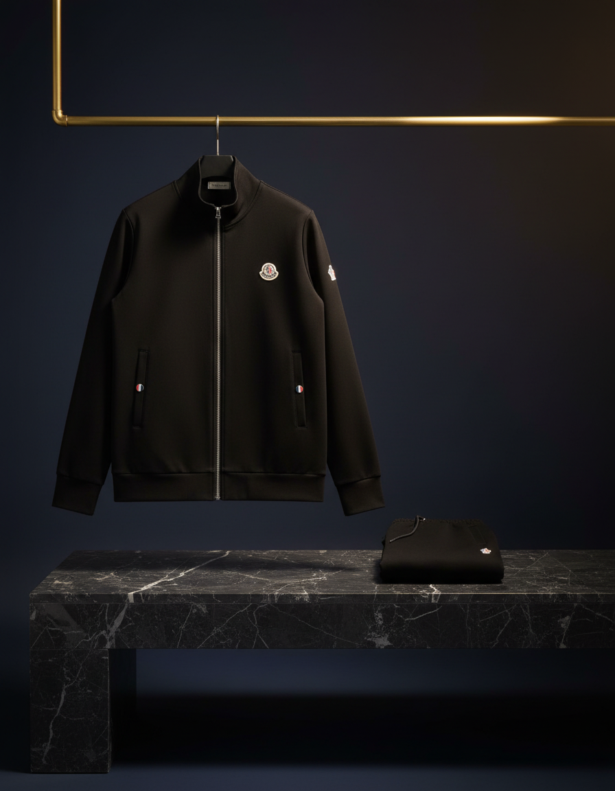 Svart Moncler-set med jacka och byxor på en mässingsstång och en mörk marmorbänk