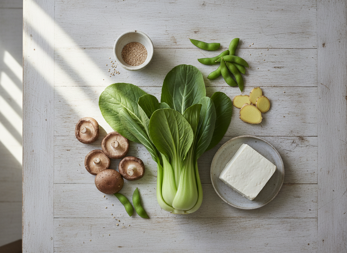 Bok choy, shiitake mushrooms, tofu, edamame, ginger and sesame seeds on a wooden table