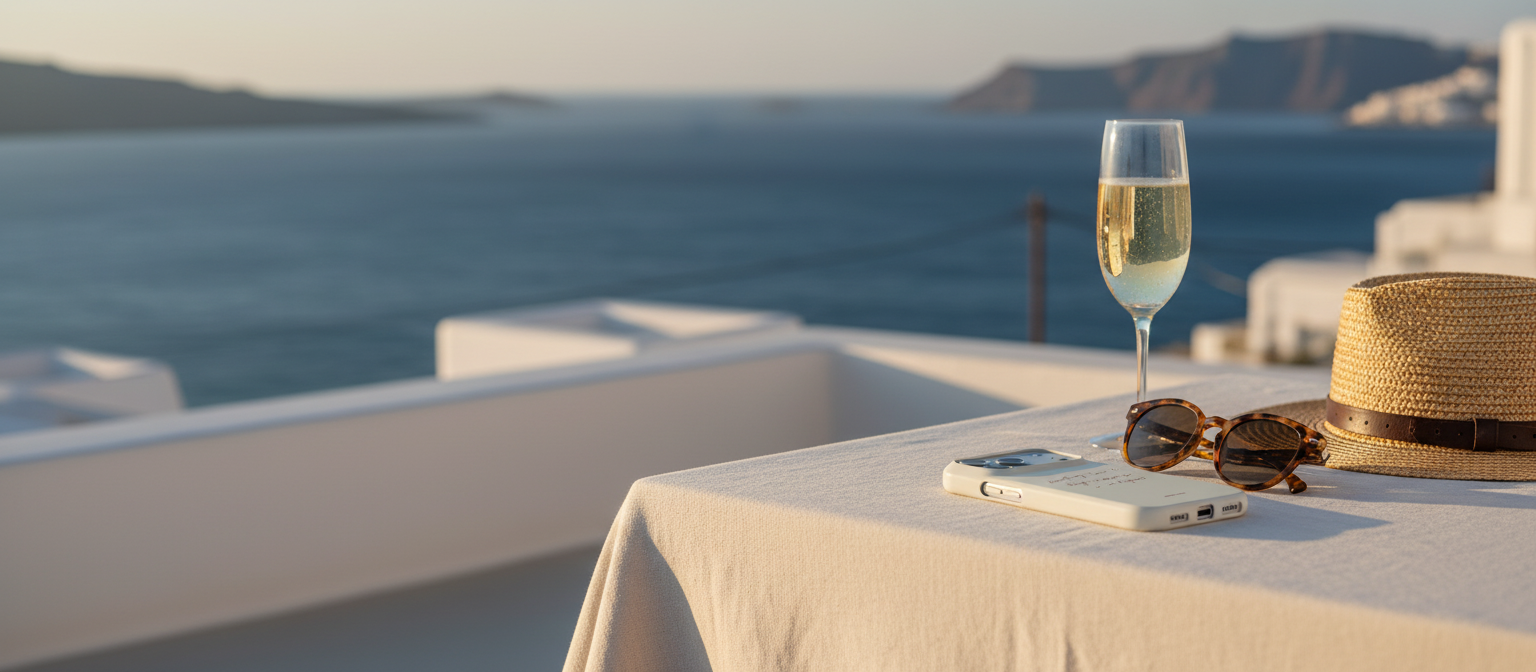 The cream sotto voce Mykonos case on a linen-draped terrace table beside champagne, sunglasses and a straw hat, above the sea
