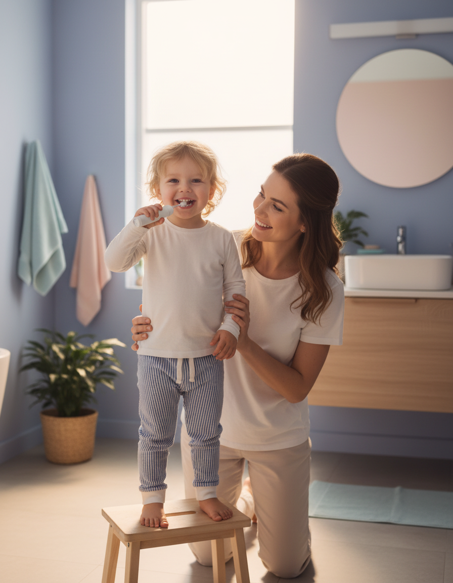 Toddler happily brushing teeth with mom in a bright pastel bathroom