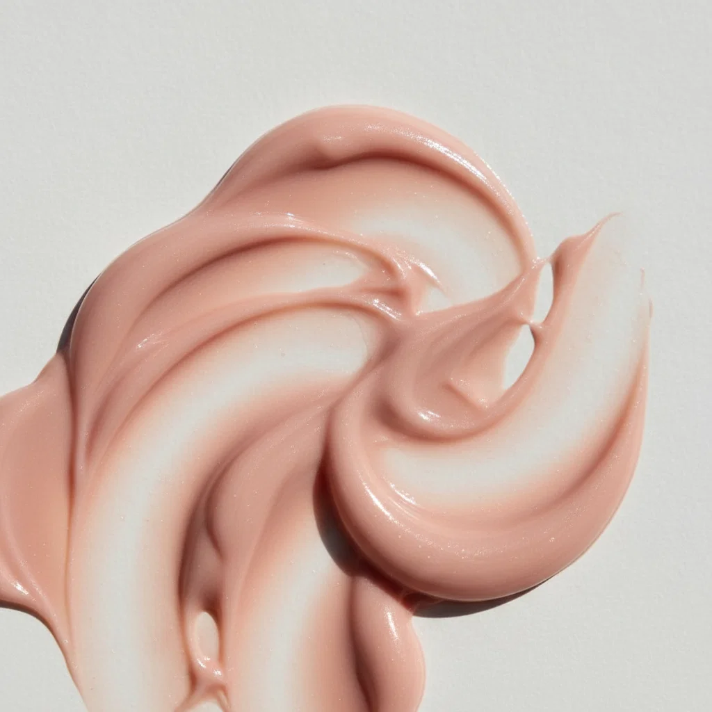 Glossy pink-nude lip treatment swirl