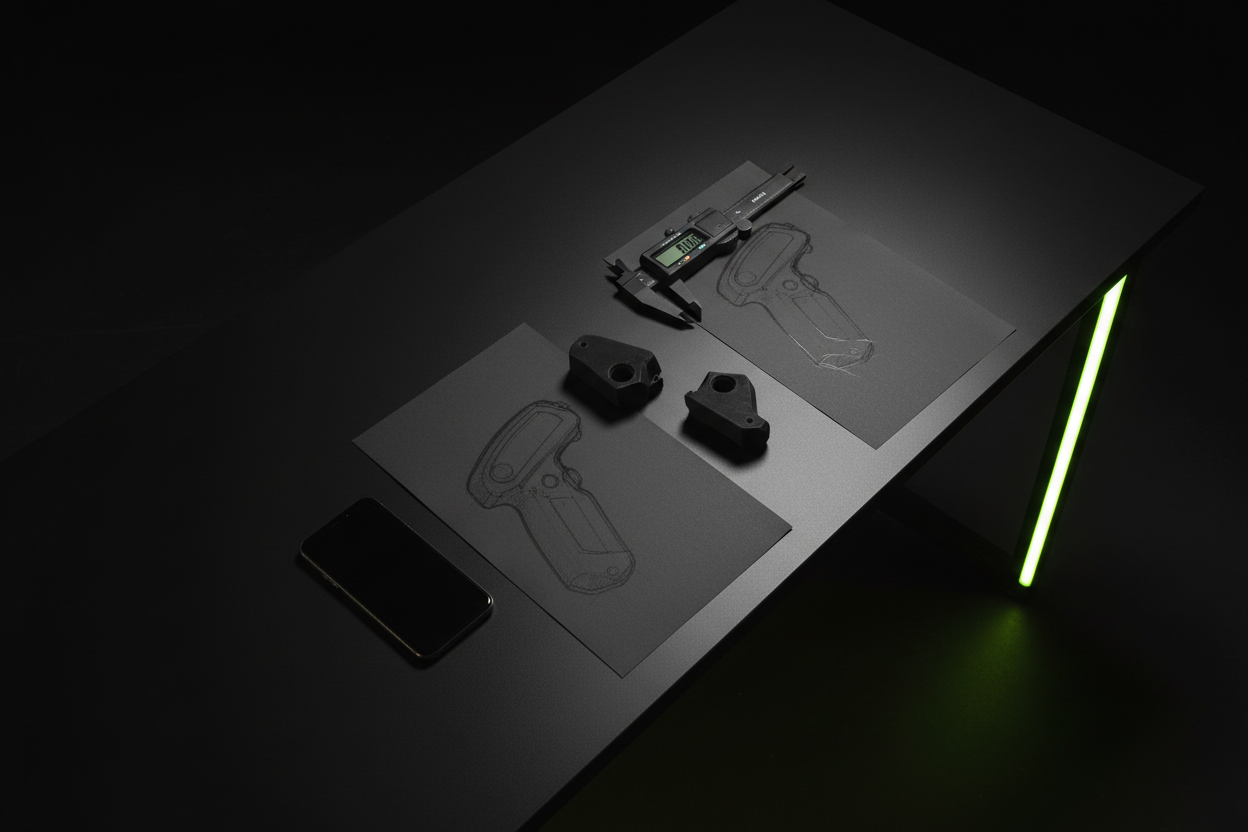 Bureau de conception avec croquis techniques, pied à coulisse et prototypes d'accessoire gaming