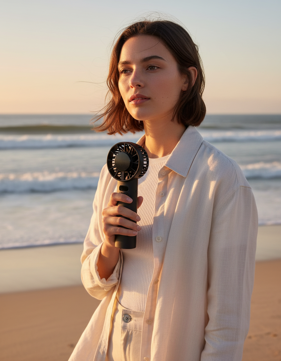 A woman on the beach at golden hour holding the matte black AERØ ONE with its aluminium cooling plate