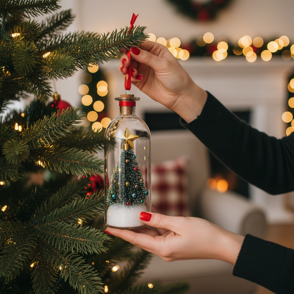 Hands hanging the recordable glass ornament by its ribbon on a Christmas tree branch