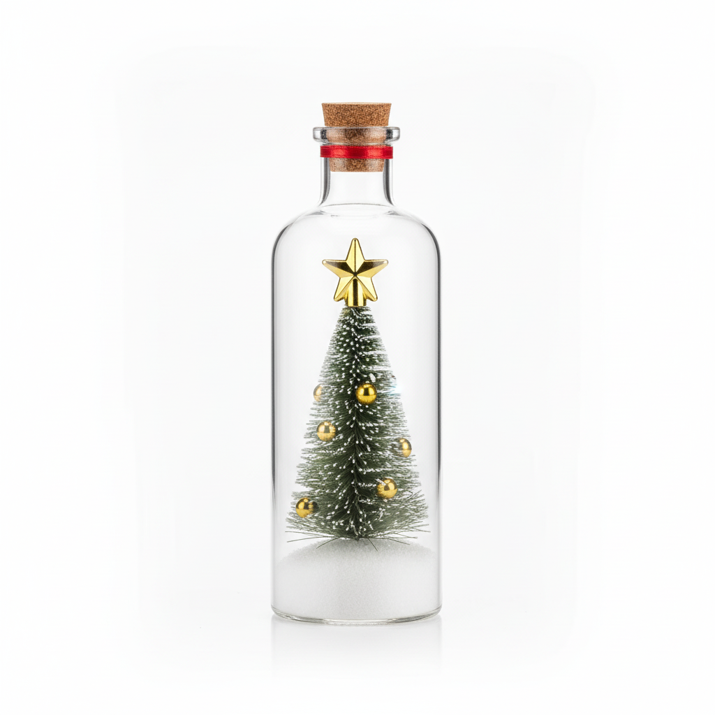 Recordable glass Christmas tree ornament with cork top, red ribbon loop and gold star