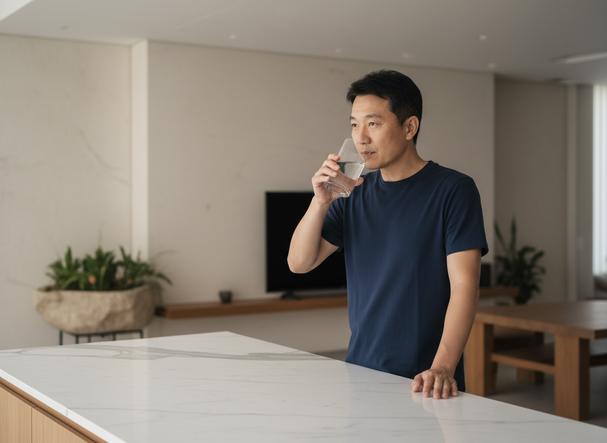 A man drinking a glass of water at a marble kitchen counter in morning light