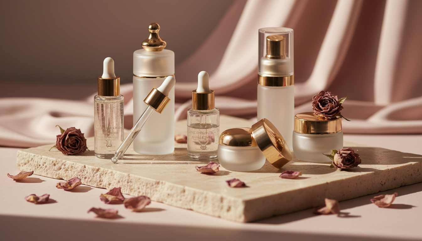 Luxe huidverzorging op ivoorkleurige steen met blush zijde en rozenblaadjes