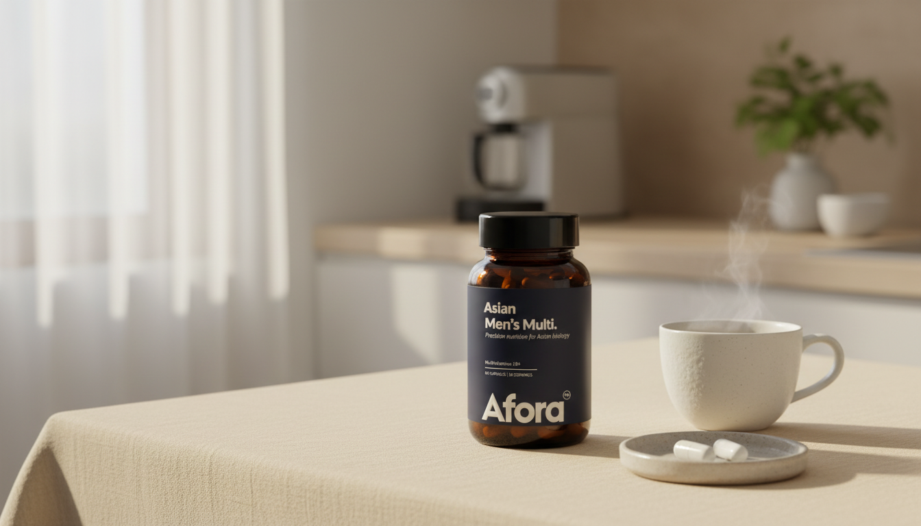 A bottle of Afora™ Asian Men's Multi on a linen-covered kitchen table beside a cup of tea and two white capsules in morning light