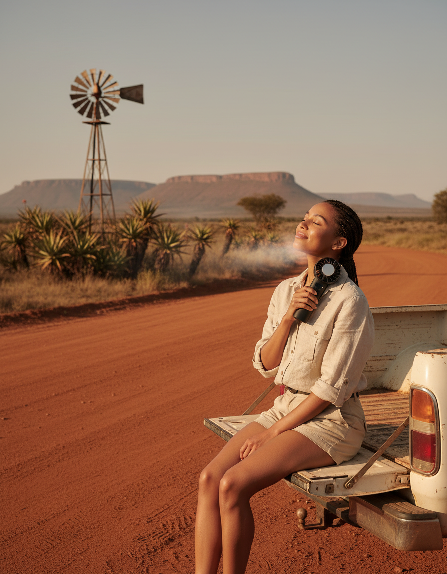 Woman on the tailgate of a bakkie on a red-dirt Karoo farm road, eyes closed, cooling off with a black AERØ ONE beside a windpump, aloes and flat-topped koppies
