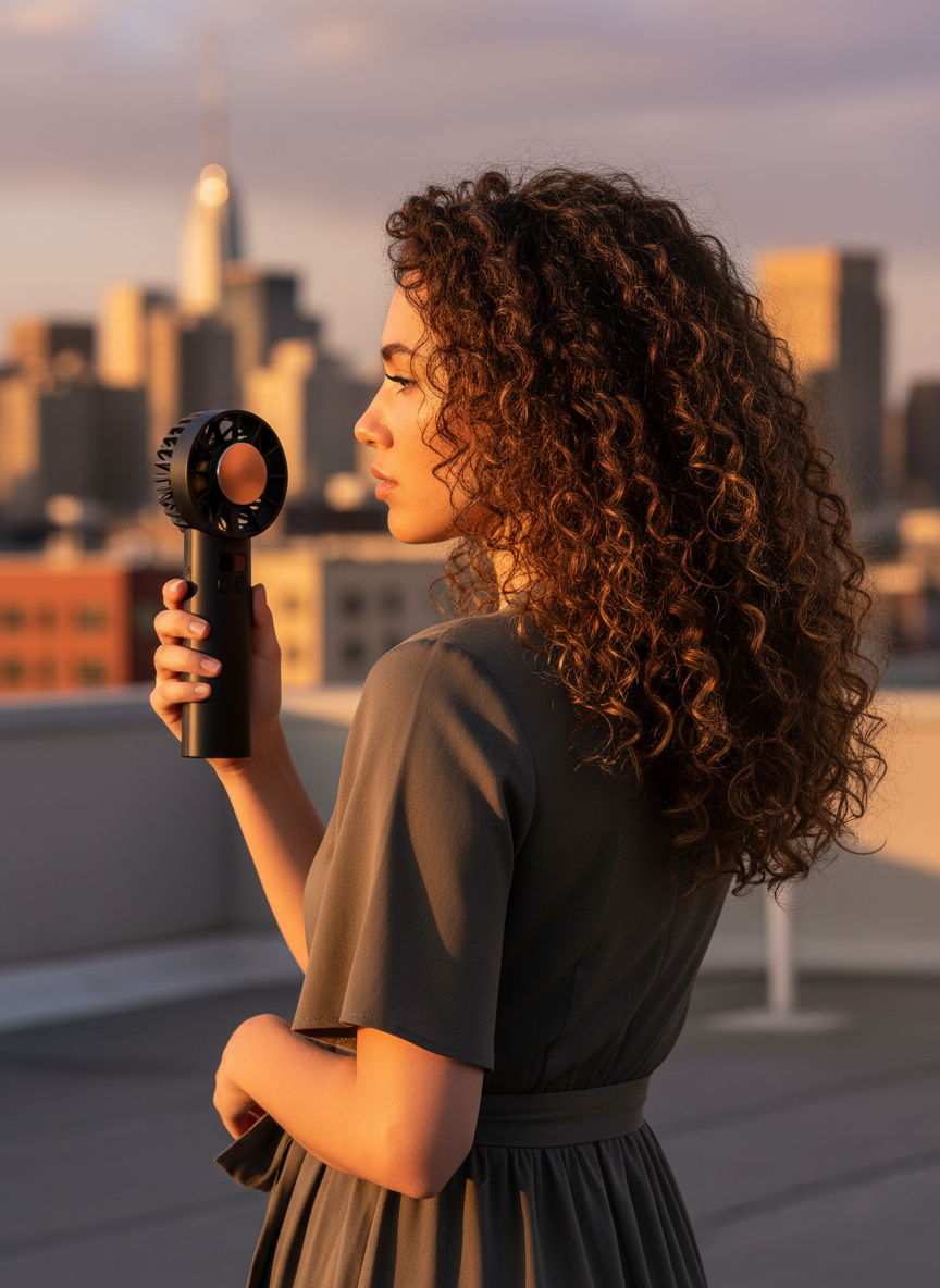 Woman with curly hair on a city rooftop at golden hour holding a black AERØ ONE with its aluminium cooling plate facing her