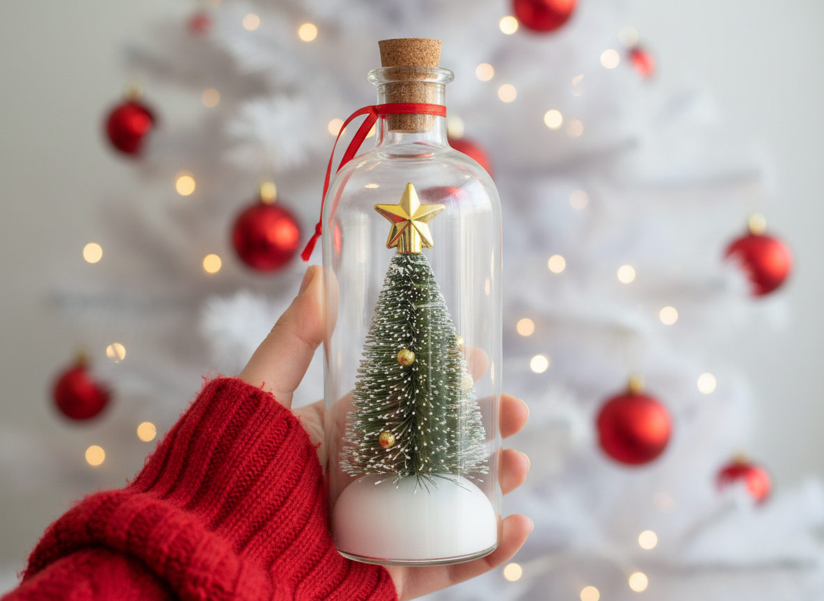 Hand holding the recordable glass tree ornament in front of a white Christmas tree with red baubles