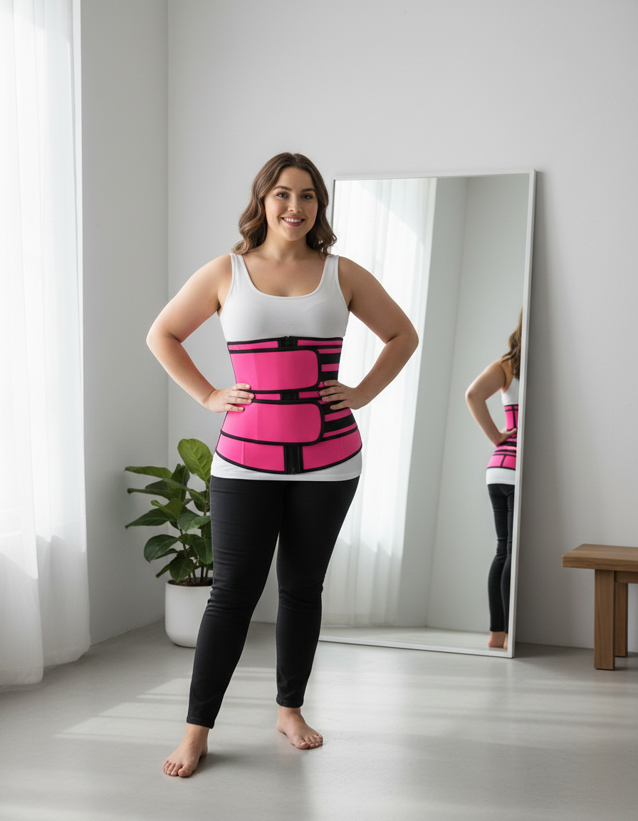 Smiling woman checking her silhouette in a mirror while wearing the black waist trainer